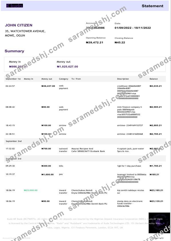 Nigeria KudaBank statement Word and PDF template, 4 pages